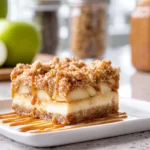 Finished caramel apple cheesecake bars plated on a modern white plate with caramel drizzle