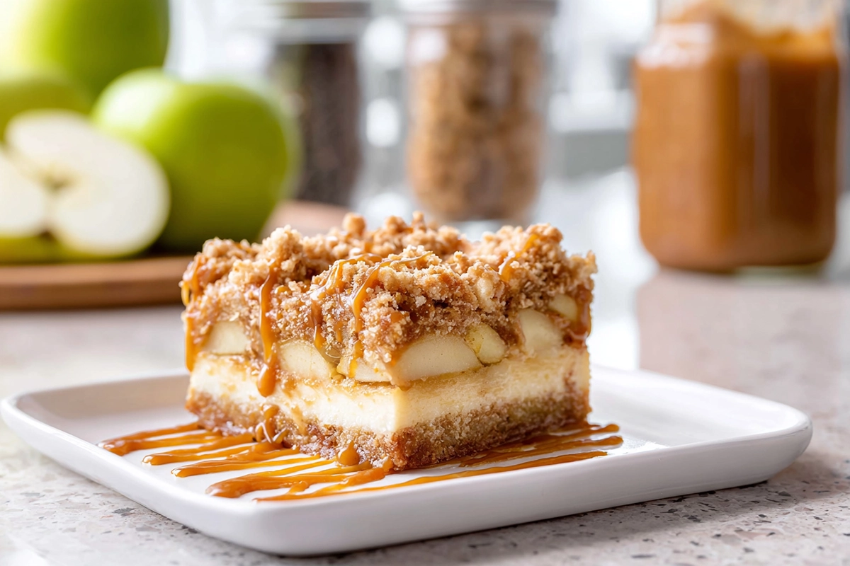 Finished caramel apple cheesecake bars plated on a modern white plate with caramel drizzle