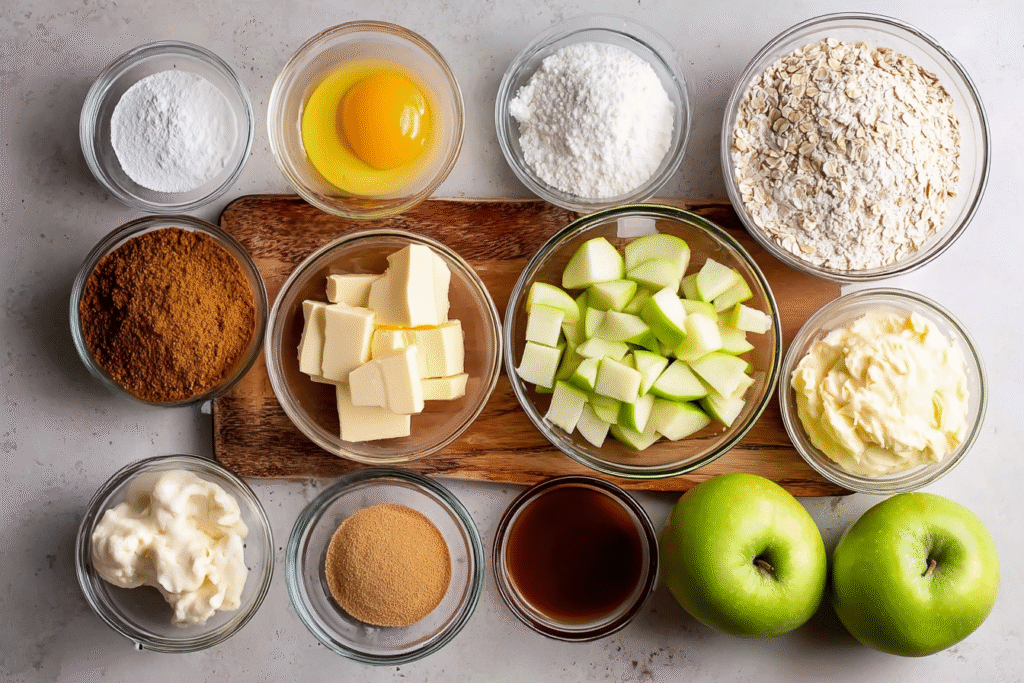 Overhead image of caramel apple cheesecake bar ingredients including cream cheese, apples, oats, and caramel sauce