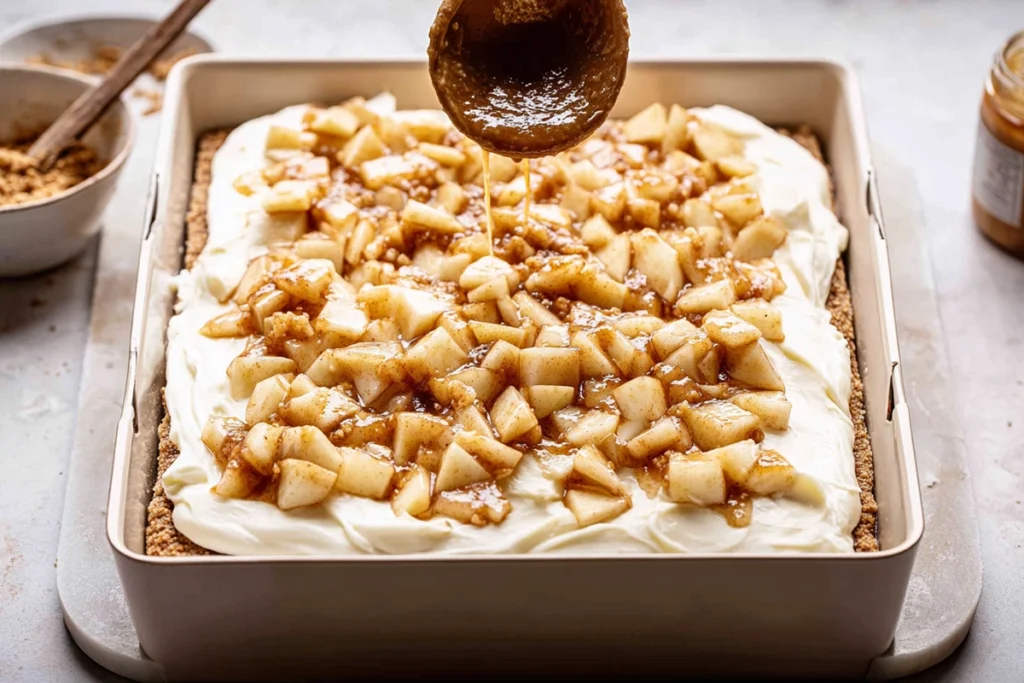 Layering caramel apple cheesecake bars with cheesecake filling and spiced apple topping in a modern kitchen