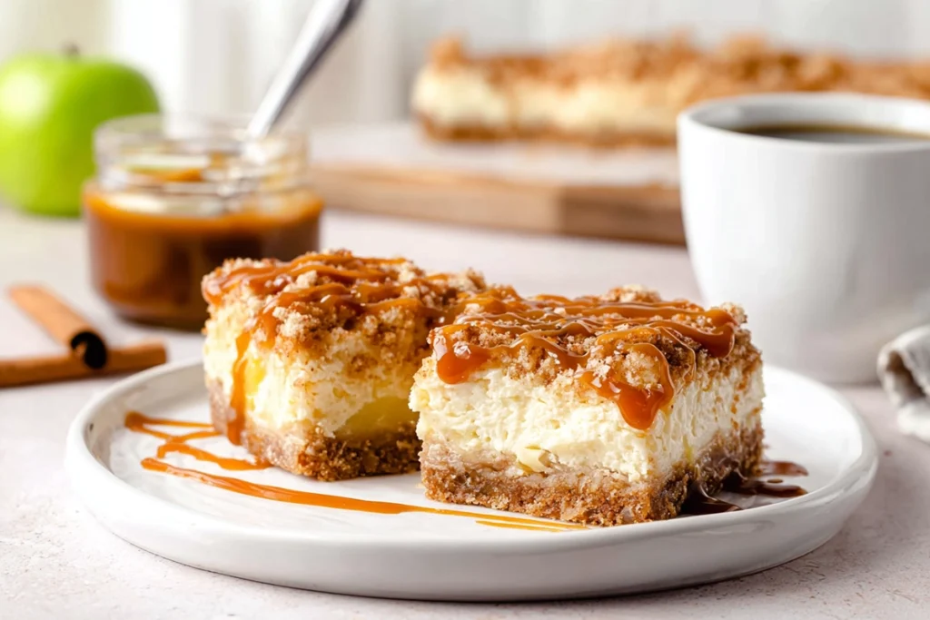 Plated caramel apple cheesecake bars served on a white platter with coffee and caramel drizzle
