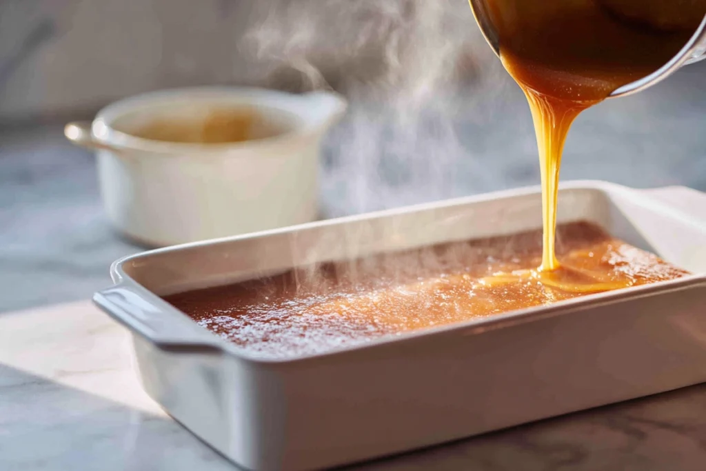 caramel butter and brown sugar mixture being poured into a baking dish for overnight crème brûlée French toast