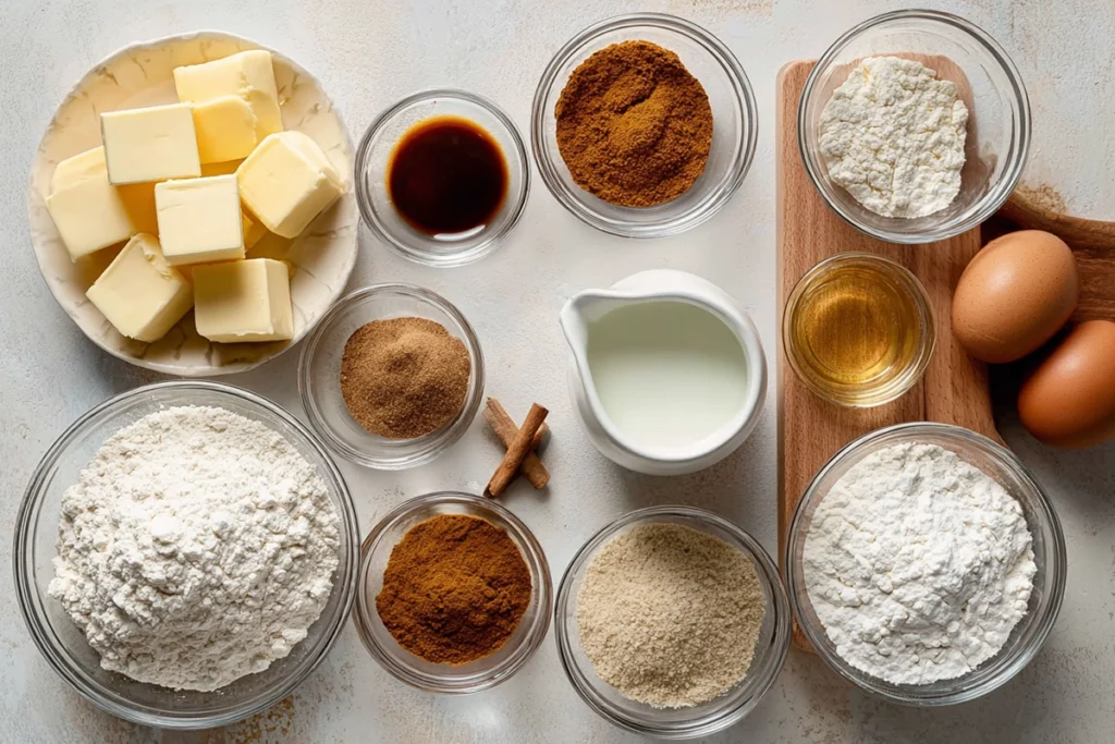 overhead shot of chai scones ingredients arranged in glass bowls on wooden board