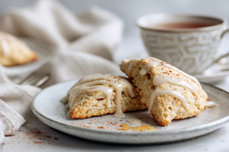 freshly baked chai scones with maple glaze on white plate in bright kitchen