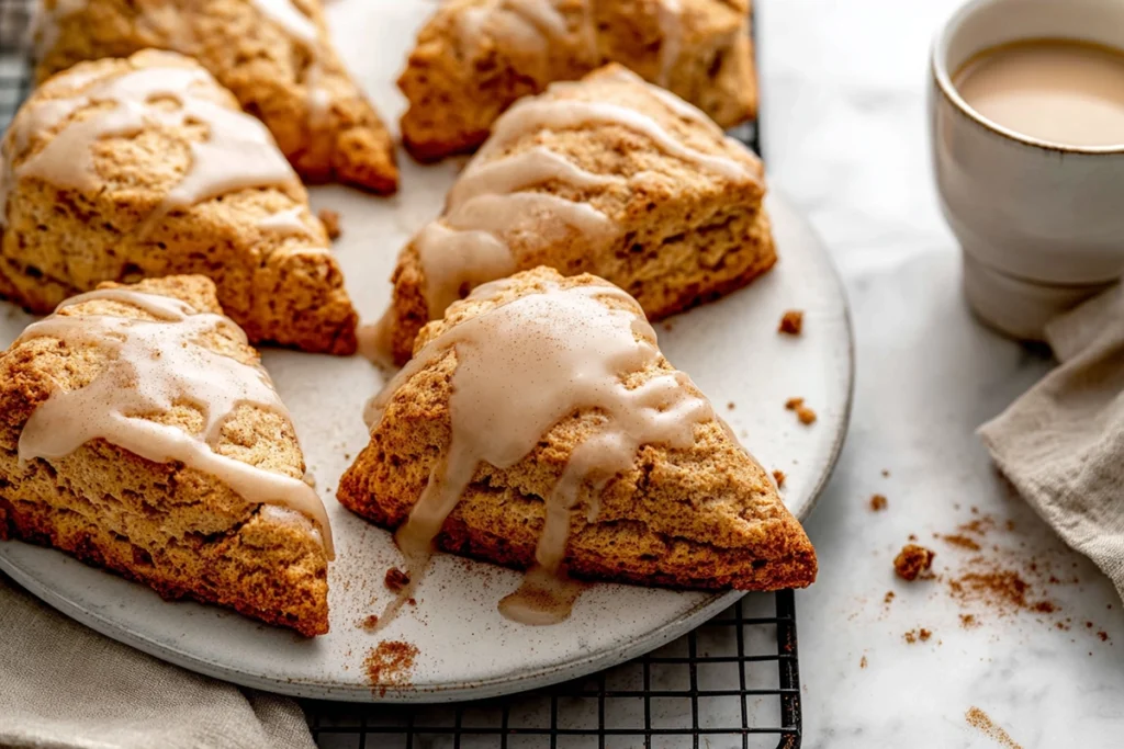 plated chai scones with maple glaze and cup of chai tea in natural light