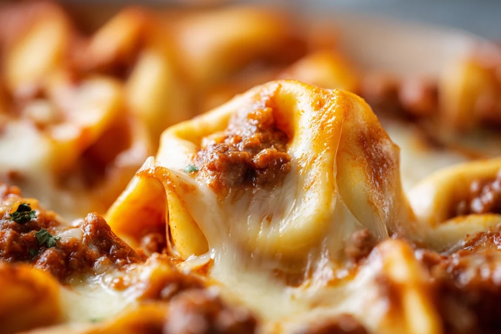 close-up of cheesy beef enchiladas tortellini showing melted cheese and enchilada sauce texture