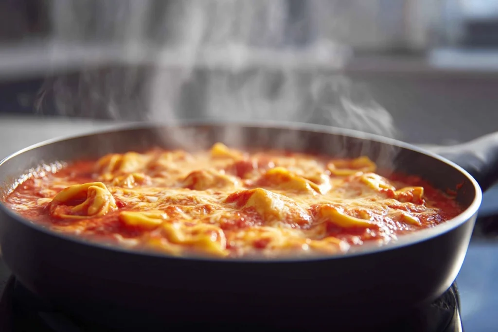 cheesy beef enchiladas tortellini simmering in a skillet with bubbling cheese and red enchilada sauce