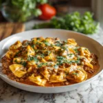 cheesy beef enchiladas tortellini plated with melted cheese and enchilada sauce in a modern kitchen