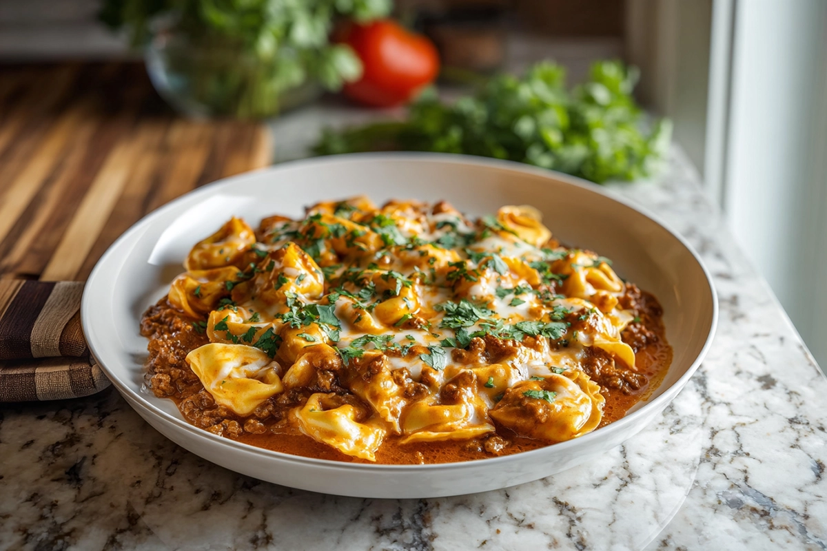 cheesy beef enchiladas tortellini plated with melted cheese and enchilada sauce in a modern kitchen