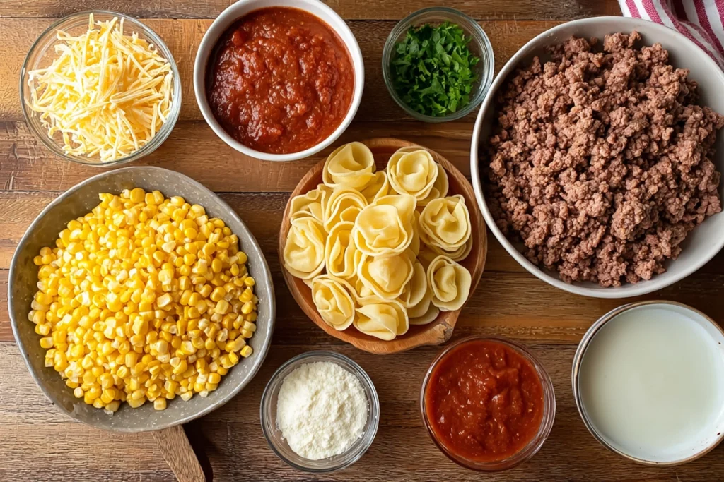 overhead shot of cheesy beef enchiladas tortellini ingredients on a marble counter with natural light
