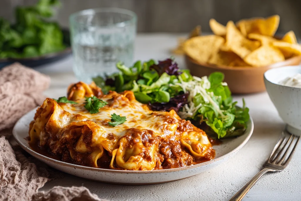 plated cheesy beef enchiladas tortellini served with salad and tortilla chips on a modern kitchen table