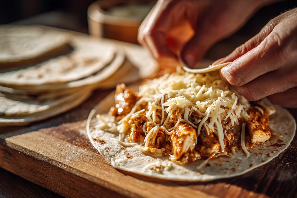 Step-by-step image of Cheesy Chicken Garlic Wraps being assembled with creamy chicken and cheese on a tortilla in a modern kitchen.