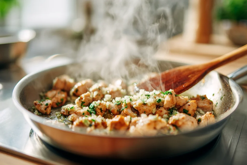 Close-up of garlic chicken cooking in a skillet for Cheesy Chicken Garlic Wraps, with steam rising and golden tones under natural light.