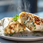 Photorealistic image of Cheesy Chicken Garlic Wraps on a white plate, showing melted cheese, golden tortilla, and fresh garnish in a bright modern kitchen.