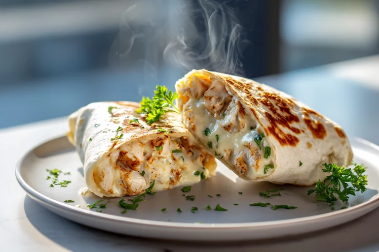 Photorealistic image of Cheesy Chicken Garlic Wraps on a white plate, showing melted cheese, golden tortilla, and fresh garnish in a bright modern kitchen.
