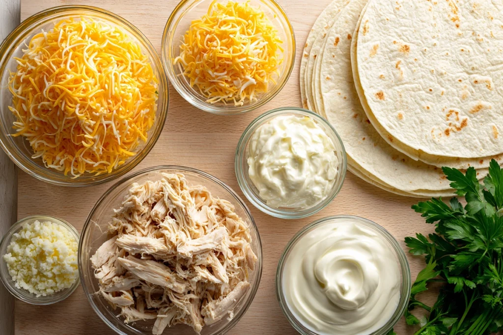 Overhead view of Cheesy Chicken Garlic Wraps ingredients, including chicken, cheese, garlic, tortillas, and sauces arranged on a wooden board under natural light.