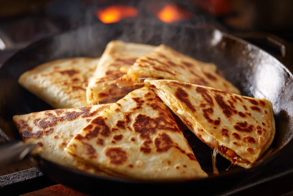 Golden Cheesy Chicken Garlic Wraps toasting in a skillet with melted cheese and crisp tortillas under soft daylight in a modern kitchen.