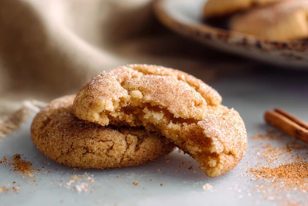 macro shot showing chewy center and sugar coating of snickerdoodle cookie