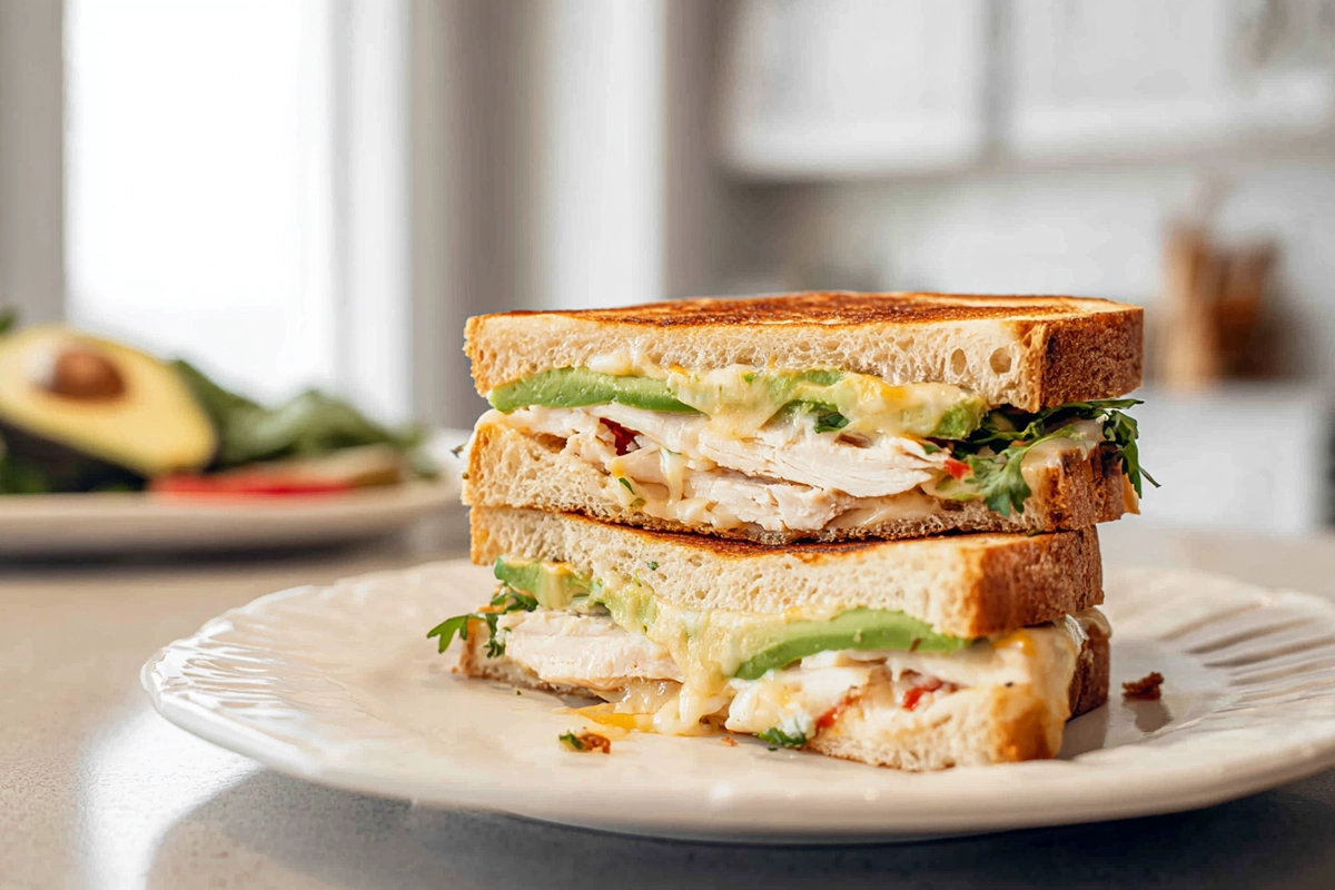 photorealistic chicken avocado melt sandwich on plate with melted cheese and avocado layers