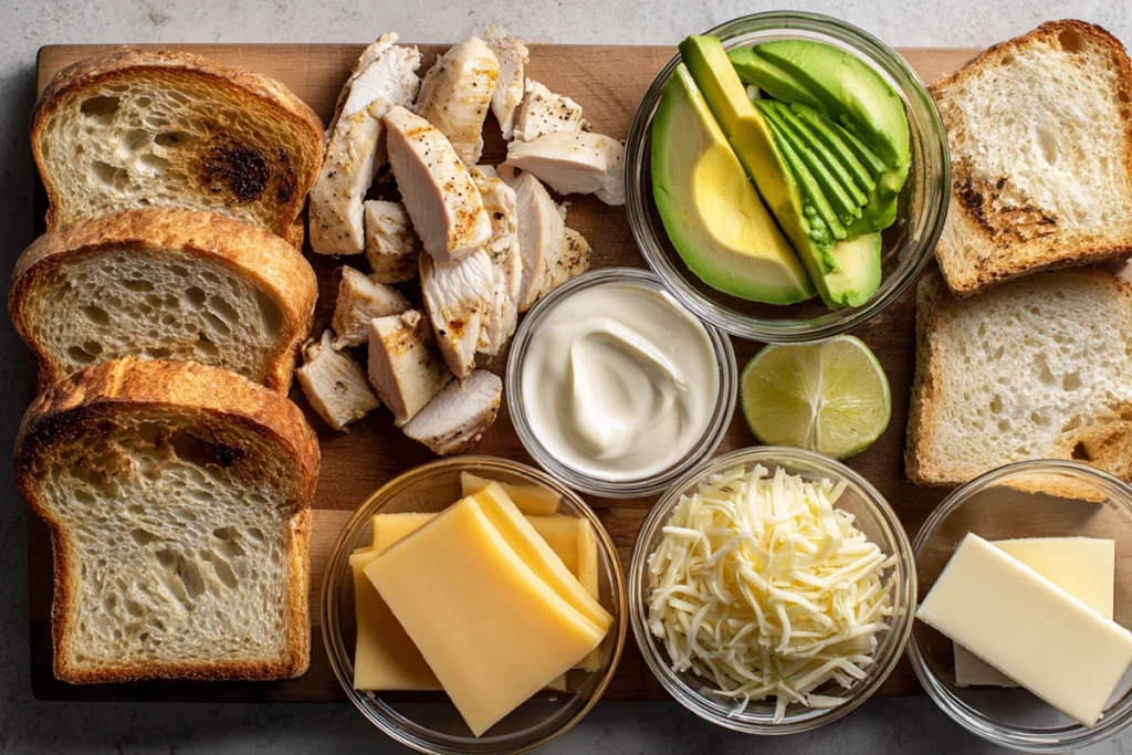 overhead shot of chicken avocado melt sandwich ingredients including bread, chicken, avocado, and cheese