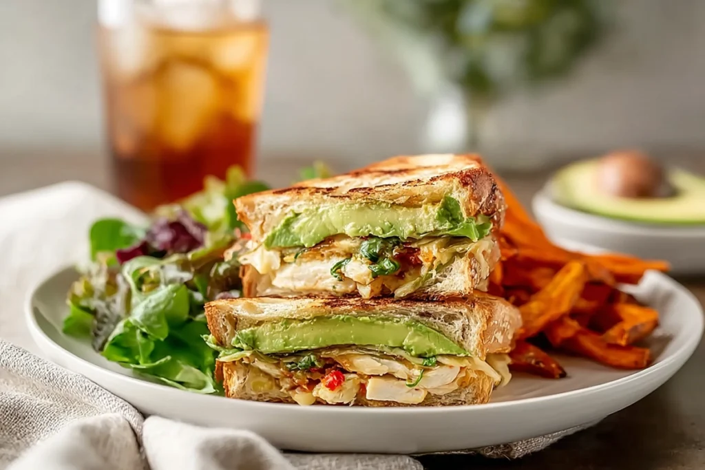 chicken avocado melt sandwich served with sweet potato fries and salad on modern plate
