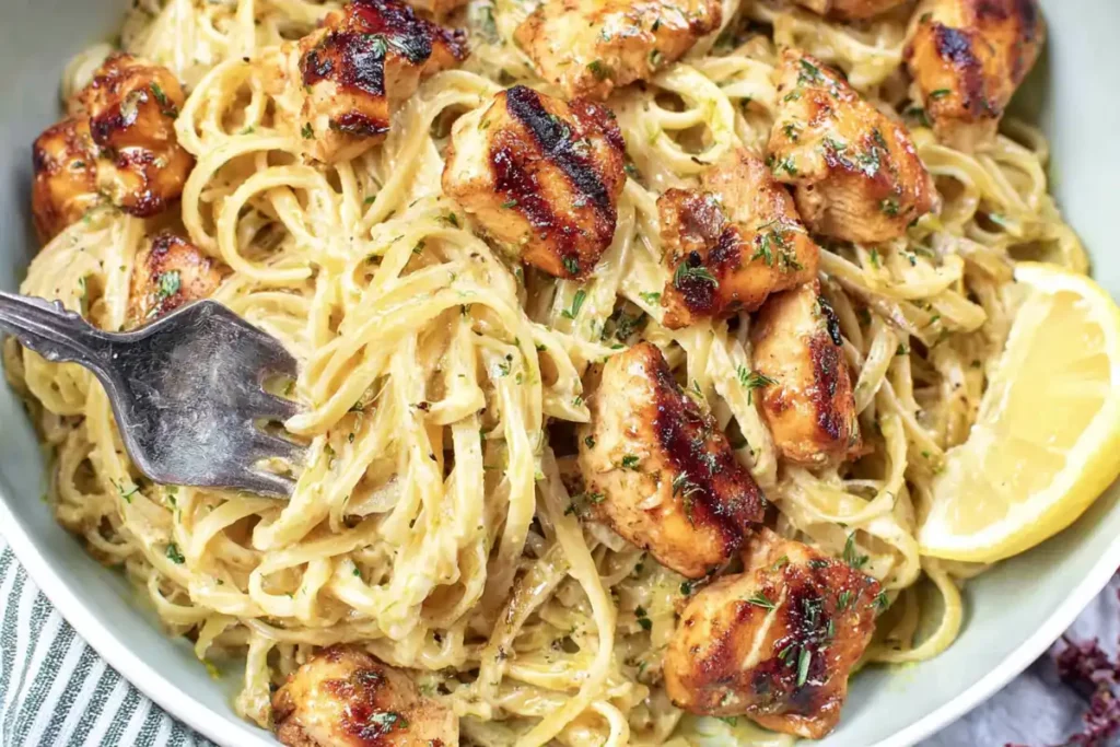 Chicken Linguine with Cowboy Butter Cream Sauce 30 Close-up of Chicken Linguine with creamy cowboy butter sauce, seared chicken, herbs, and lemon