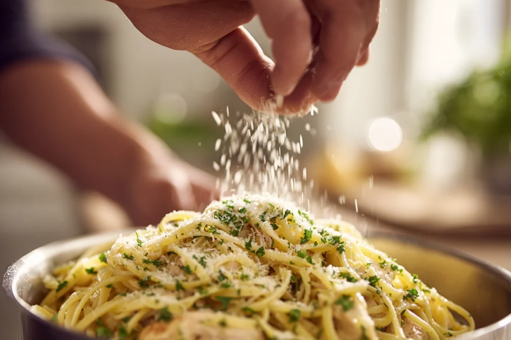 “Hands garnishing creamy chicken linguine with fresh parsley and grated Parmesan in a bright modern kitchen.”