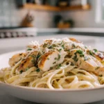 “Creamy chicken linguine served on a modern white plate in natural daylight with fresh parsley and Parmesan garnish.”