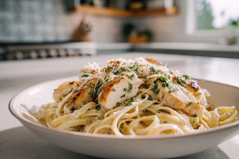 “Creamy chicken linguine served on a modern white plate in natural daylight with fresh parsley and Parmesan garnish.”