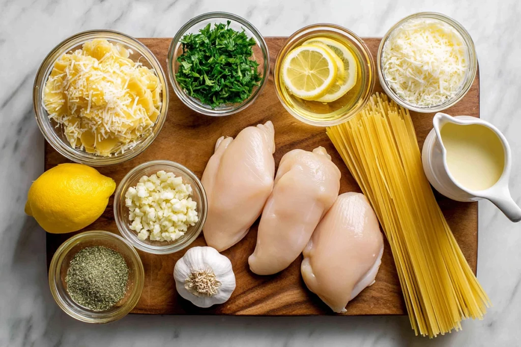 Overhead shot of chicken linguine ingredients arranged on a marble countertop, including pasta, chicken, garlic, Parmesan, and cream