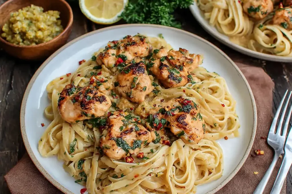 Chicken Linguine with Cowboy Butter Cream Sauce 31 Chicken Linguine plated with cowboy butter, lemon wedges, parsley, and golden seared chicken