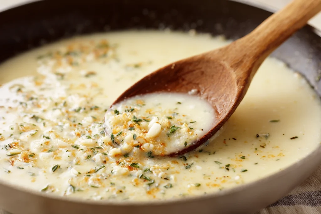 Creamy garlic-Parmesan sauce simmering in a pan with herbs for chicken linguine
