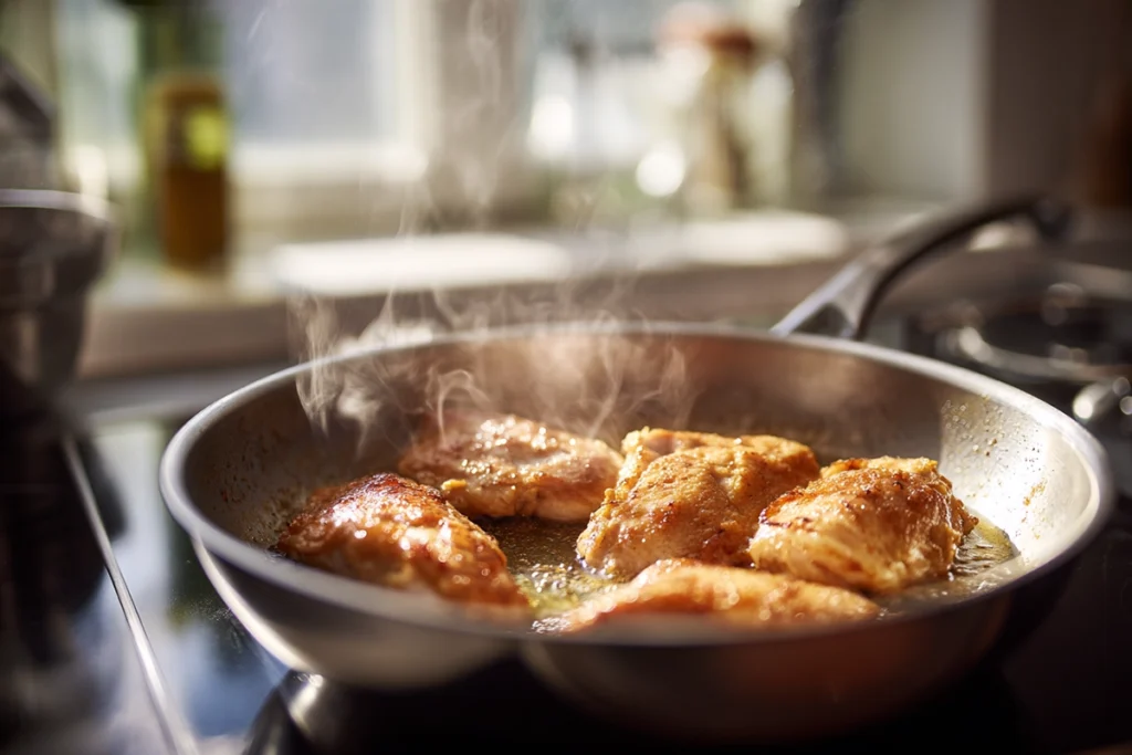 Chicken pieces searing in a stainless steel skillet with olive oil and seasoning for chicken linguine