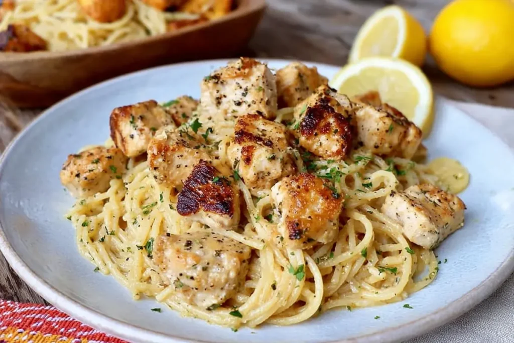 Chicken Linguine with Cowboy Butter Cream Sauce 32 Chicken Linguine served on a white plate with lemon wedges, cowboy butter, and golden seared chicken
