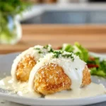 chicken pillows with creamy parmesan sauce plated on marble counter in modern kitchen