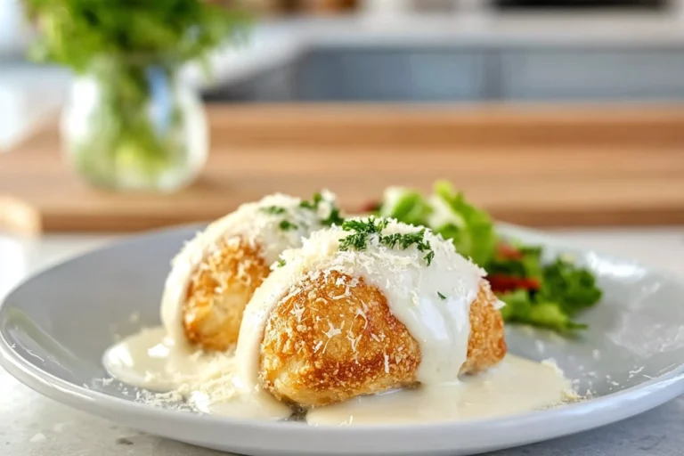 chicken pillows with creamy parmesan sauce plated on marble counter in modern kitchen