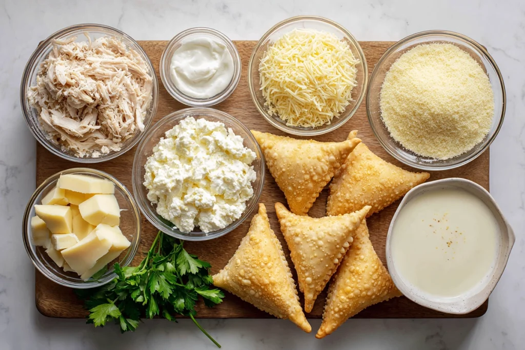 overhead shot of chicken pillows with creamy parmesan sauce ingredients arranged on wooden board