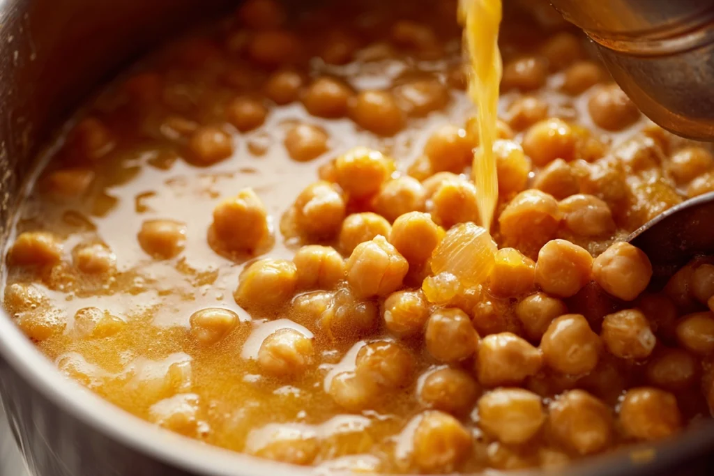 Close-up of chickpea soup being blended to creamy texture in natural light with visible chickpeas and vegetables.