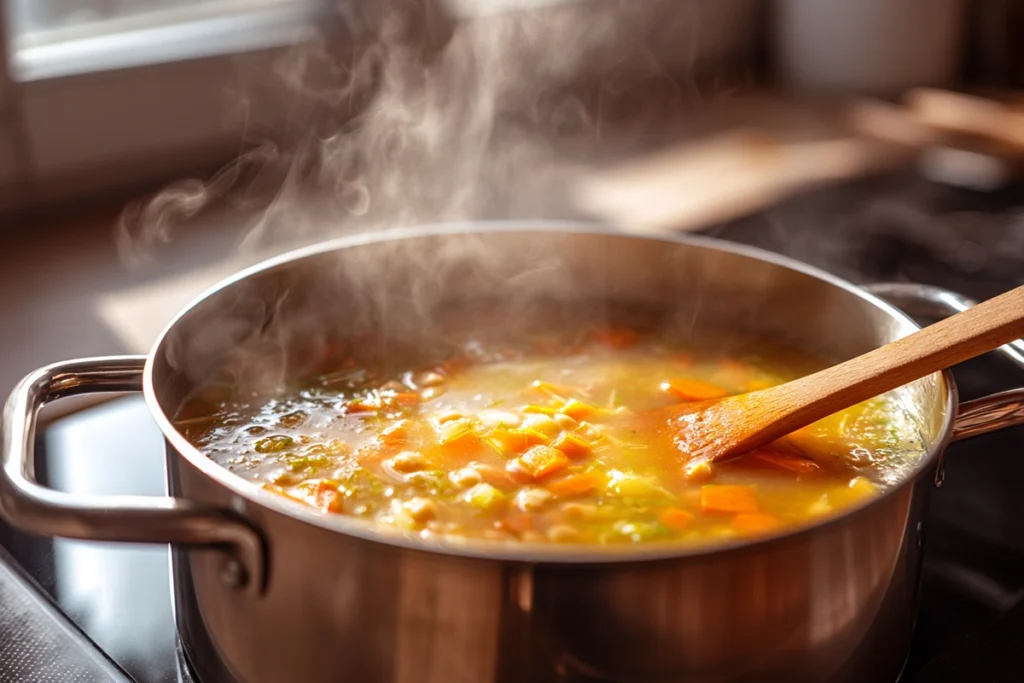 Chickpea soup simmering in a pot with steam rising and visible vegetables in natural daylight.