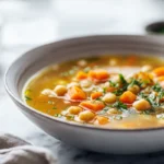 Photorealistic chickpea soup in a modern kitchen, garnished with parsley and olive oil, captured in natural daylight.