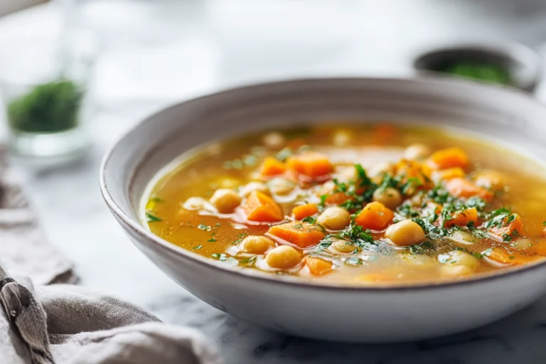 Photorealistic chickpea soup in a modern kitchen, garnished with parsley and olive oil, captured in natural daylight.