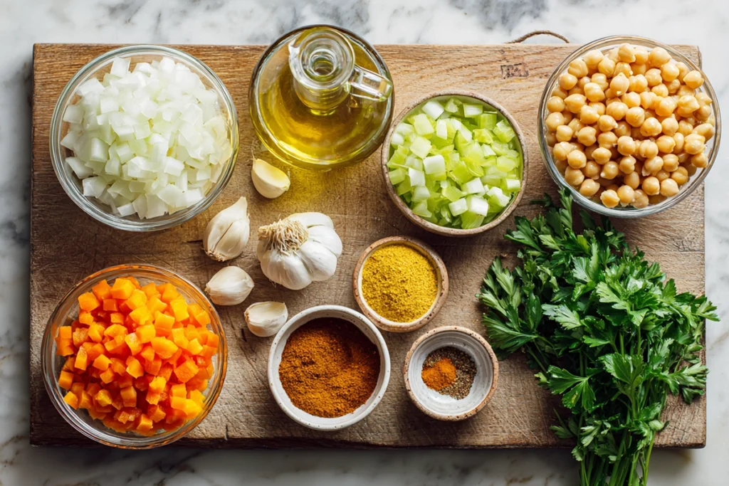 Overhead shot of chickpea soup ingredients arranged on a wooden board with herbs, spices, and vegetables in a modern kitchen.