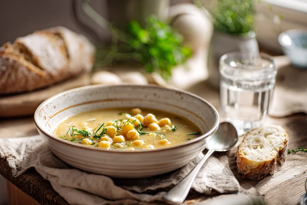 Serving of chickpea soup with bread and parsley on a table in bright natural light, styled in a modern kitchen.