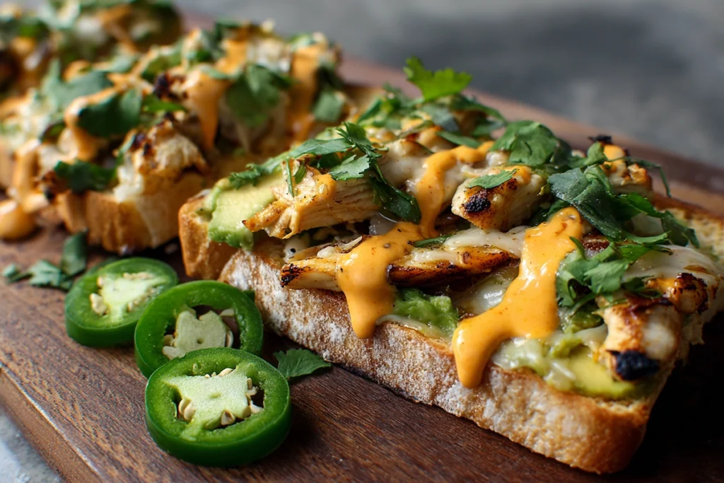 chipotle chicken avocado melt sandwich open-faced with melted cheese and spicy mayo drizzle