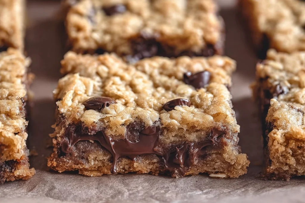 close-up view of Chocolate Chip Oatmeal Cookie Bar with melted chocolate and oats