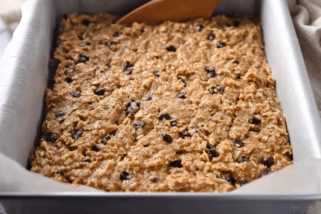 close-up of cookie dough with oats and chocolate chips being spread in baking pan