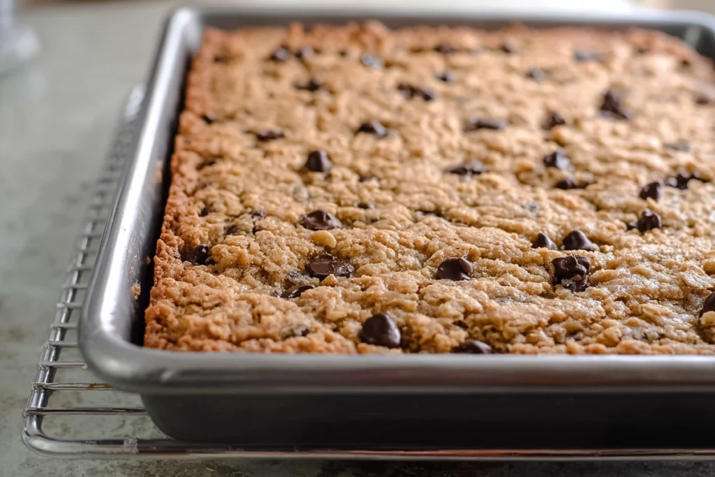 freshly baked Chocolate Chip Oatmeal Cookie Bars cooling on a rack in modern kitchen