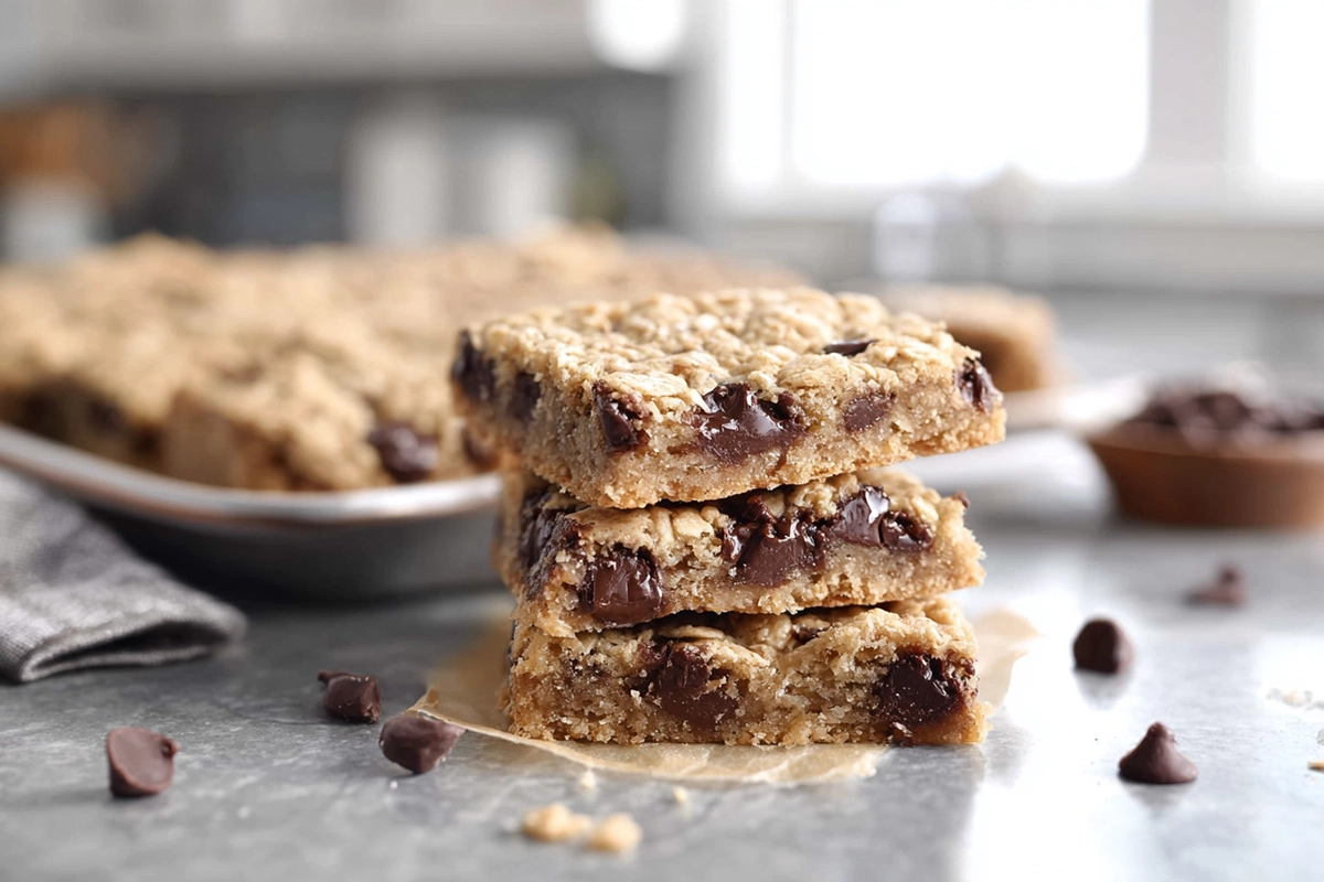 freshly baked Chocolate Chip Oatmeal Cookie Bars on a modern kitchen counter