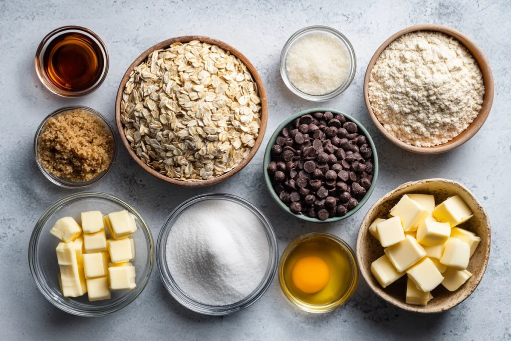 overhead view of Chocolate Chip Oatmeal Cookie Bars ingredients arranged neatly in glass bowls