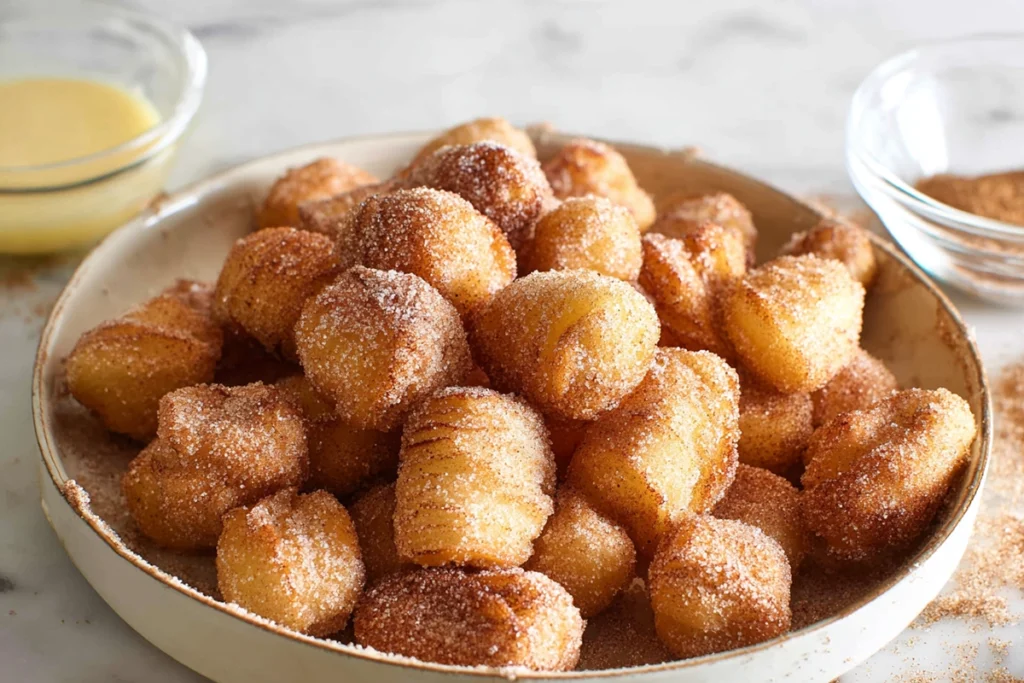 Close-up of Sweet Air Fryer Churro Bites rolled in cinnamon sugar for a perfect coating